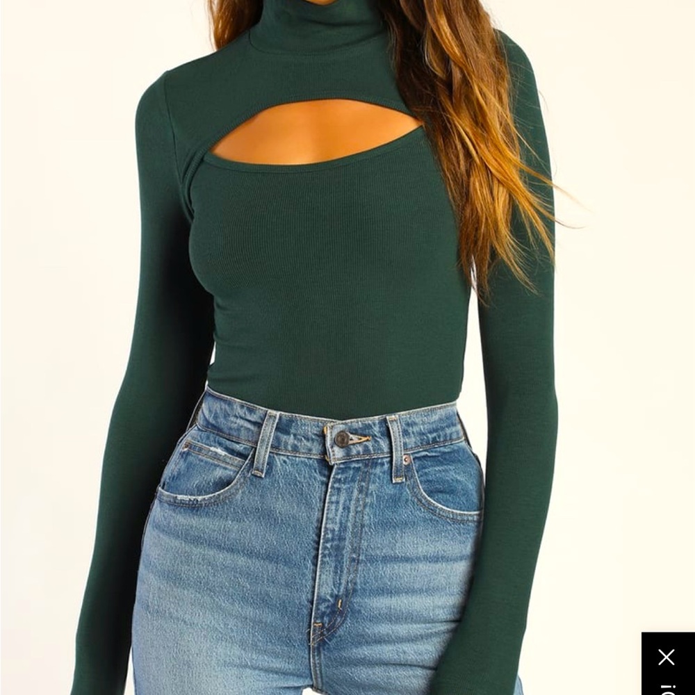 Lulus Flirty Little Secret Forest Green Ribbed Mock Neck Cutout Top- Medium